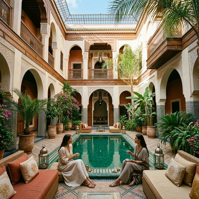 Sunlit riad rooftop overlooking the Marrakech Medina